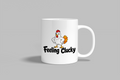 Feeling Clucky funny mug, white 11oz ceramic novelty gift, front view