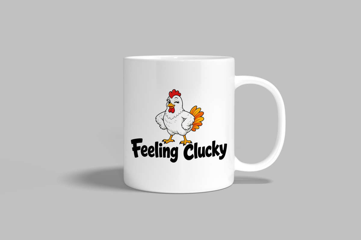 Feeling Clucky funny mug, white 11oz ceramic novelty gift, front view