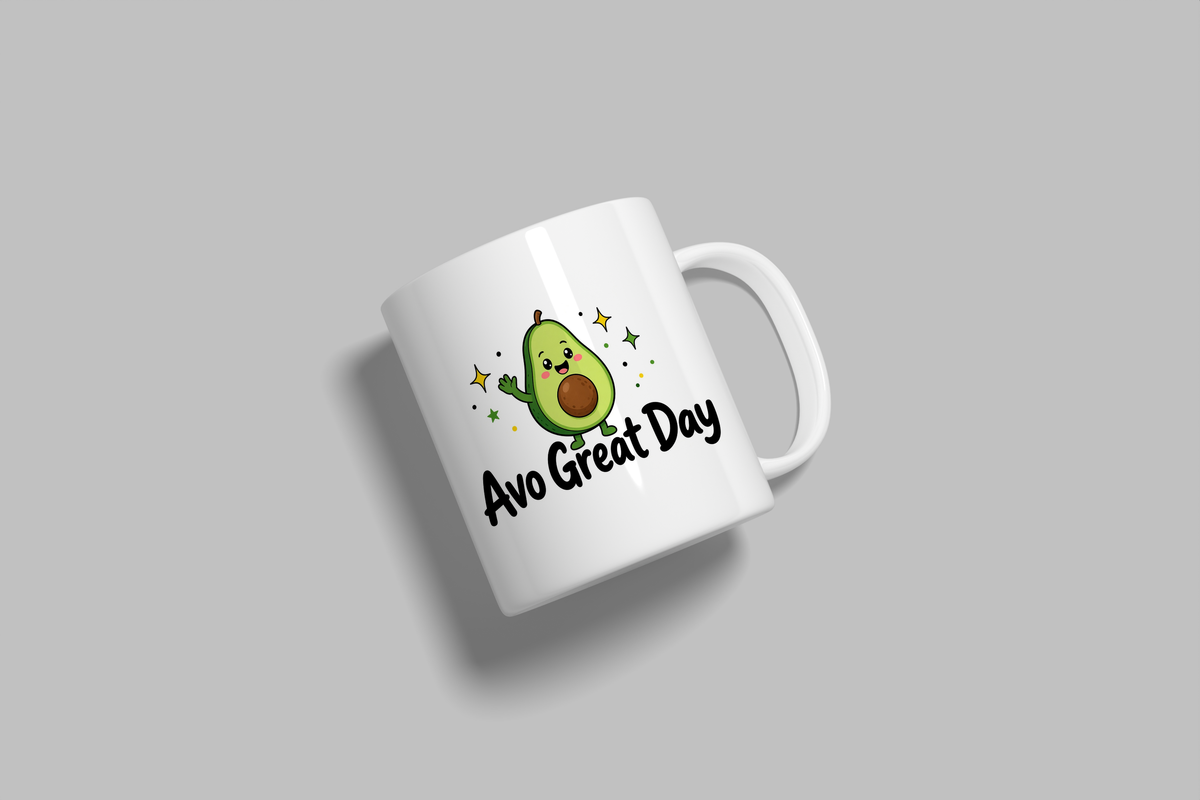 Avo Great Day funny mug, white 11oz ceramic novelty gift, angled side view