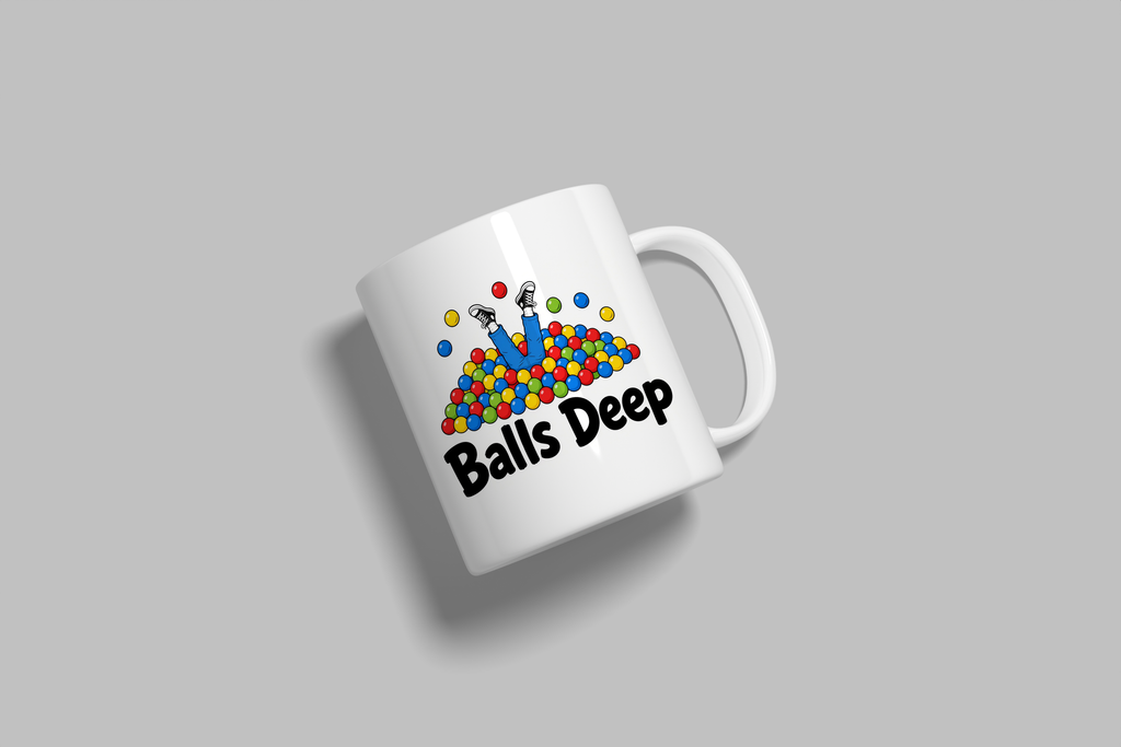 Balls Deep funny mug, white 11oz ceramic novelty gift, angled side view