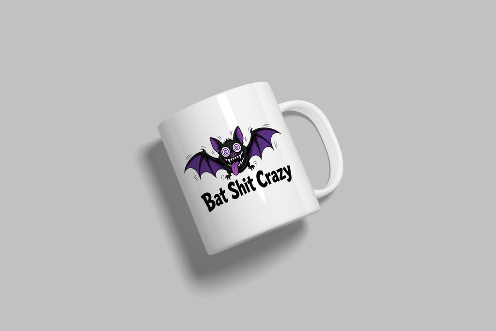 Bat Shit Crazy funny mug, white 11oz ceramic novelty gift, angled side view