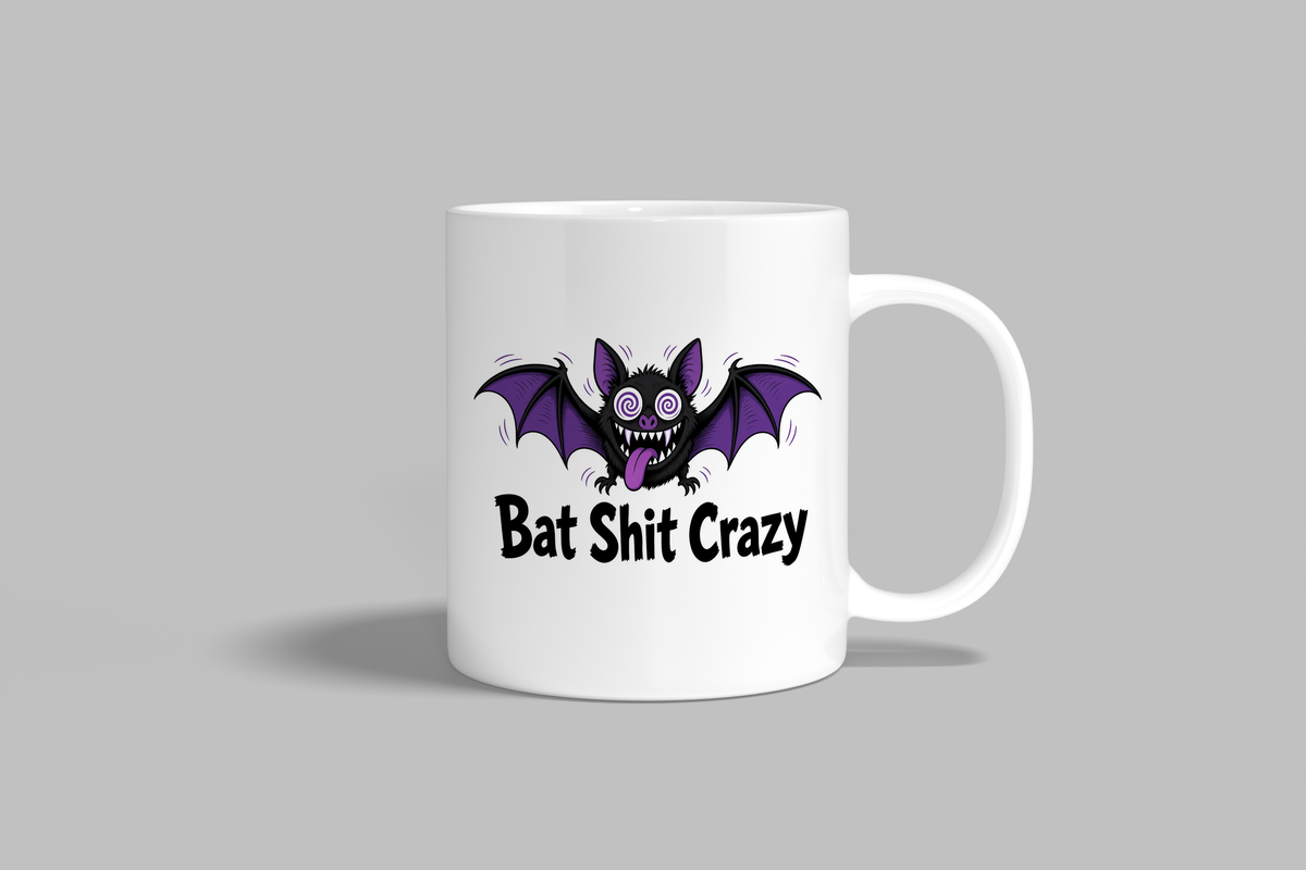 Bat Shit Crazy funny mug, white 11oz ceramic novelty gift, front view