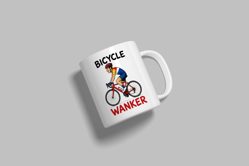 Bicycle Wanker funny mug, white 11oz ceramic novelty gift, angled side view