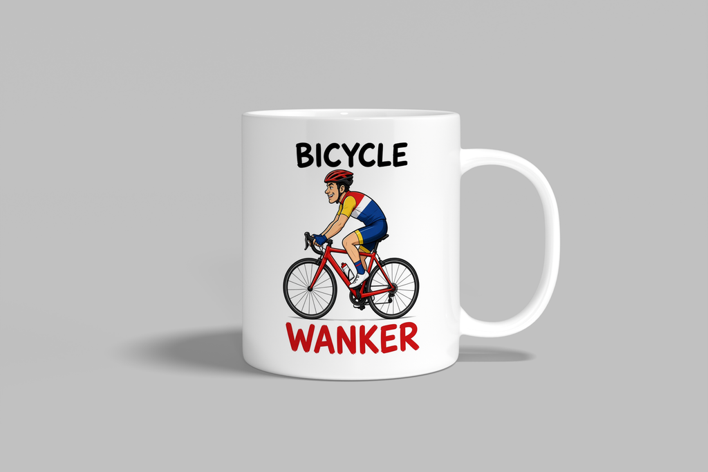 Bicycle Wanker funny mug, white 11oz ceramic novelty gift, front view