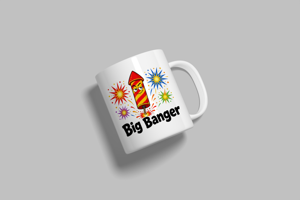 Big Banger funny mug, white 11oz ceramic novelty gift, angled side view