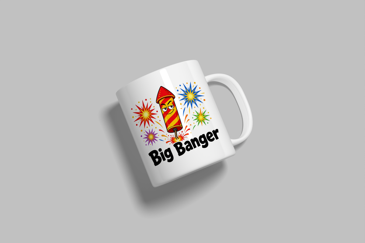 Big Banger funny mug, white 11oz ceramic novelty gift, angled side view
