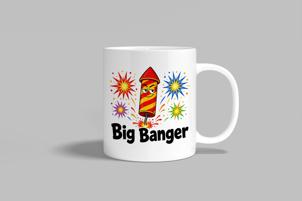 Big Banger funny mug, white 11oz ceramic novelty gift, front view