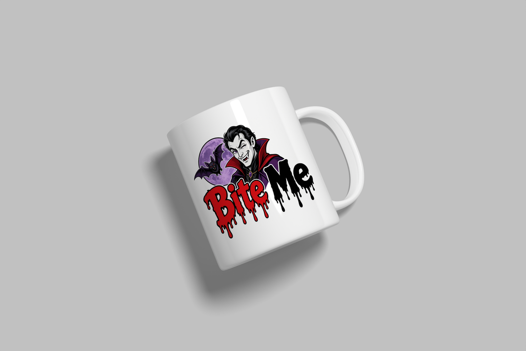 Bite Me funny mug, white 11oz ceramic novelty gift, angled side view