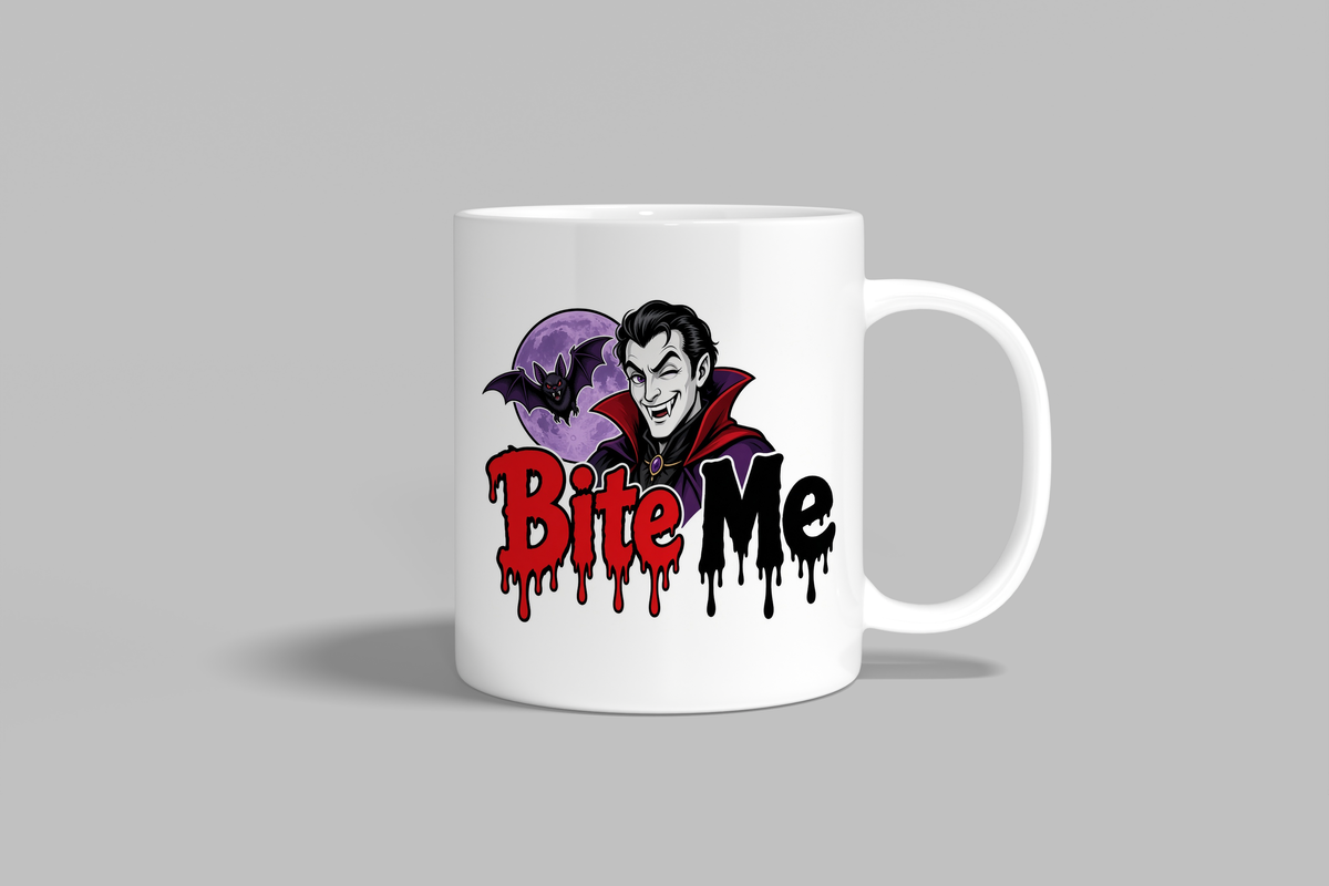 Bite Me funny mug, white 11oz ceramic novelty gift, front view
