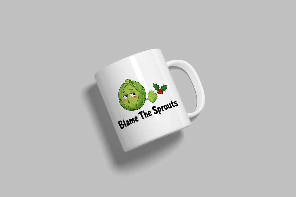 Blame The Sprouts funny mug, white 11oz ceramic novelty gift, angled side view