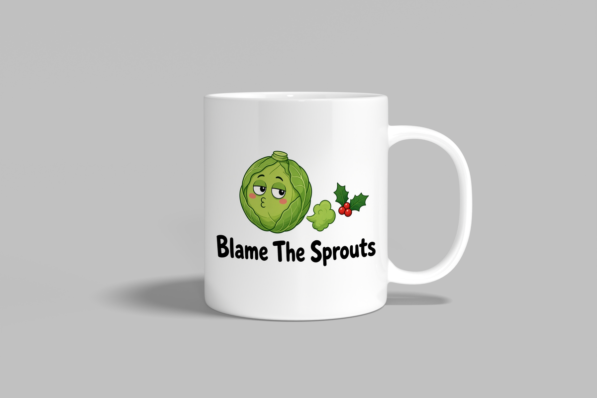 Blame The Sprouts funny mug, white 11oz ceramic novelty gift, front view