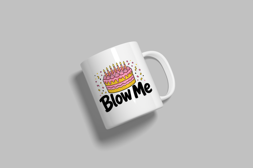 Blow Me funny mug, white 11oz ceramic novelty gift, angled side view