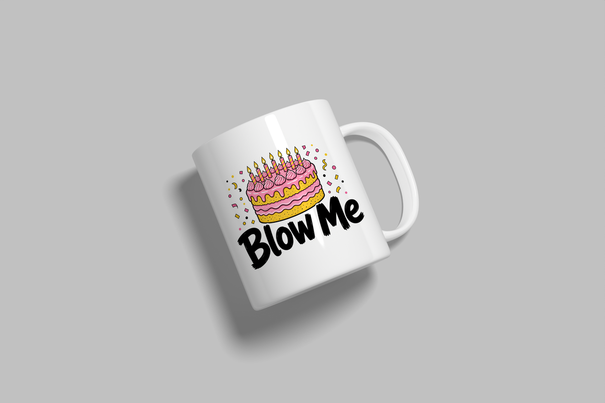 Blow Me funny mug, white 11oz ceramic novelty gift, angled side view