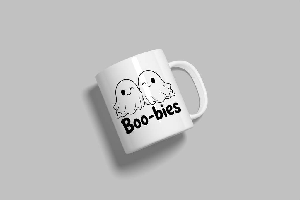 Boo-bies funny mug, white 11oz ceramic novelty gift, angled side view