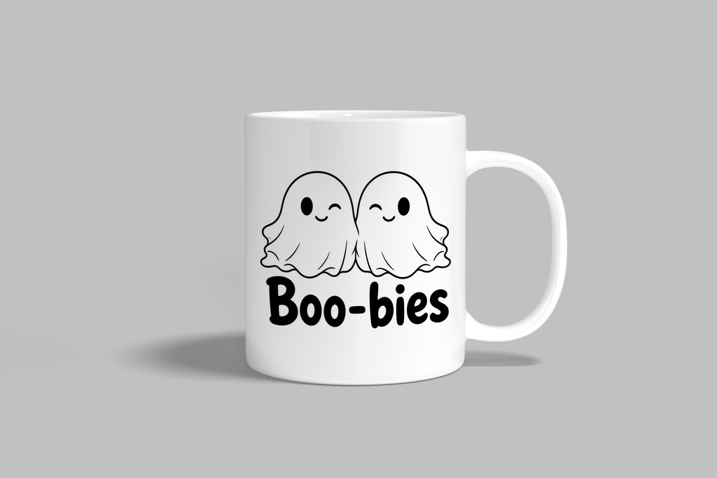 Boo-bies funny mug, white 11oz ceramic novelty gift, front view