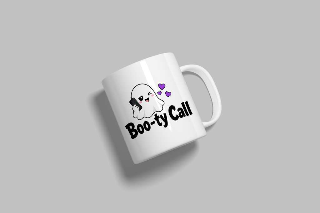 Boo-ty Call funny mug, white 11oz ceramic novelty gift, angled side view