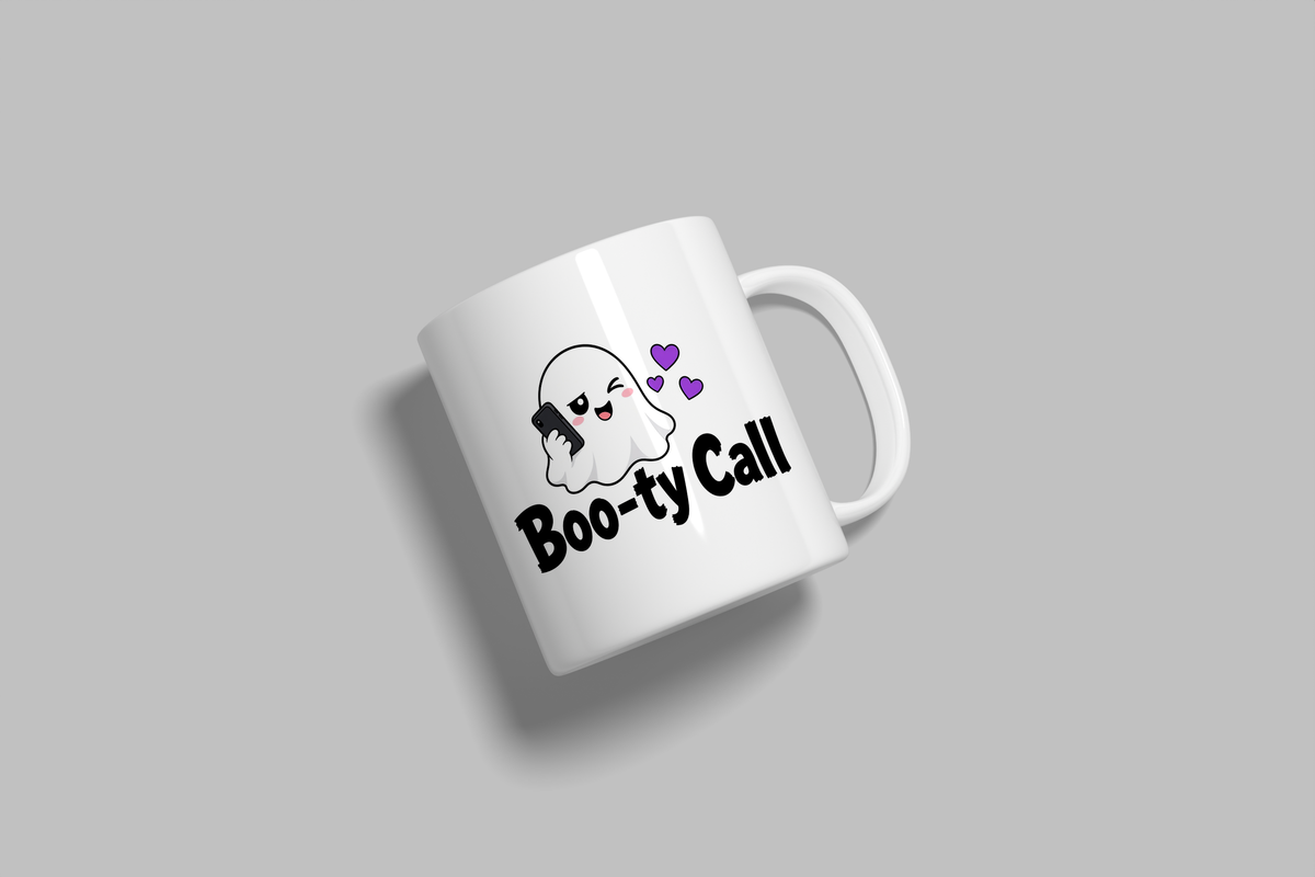 Boo-ty Call funny mug, white 11oz ceramic novelty gift, angled side view