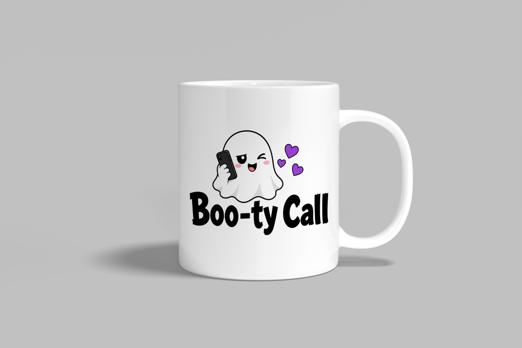 Boo-ty Call funny mug, white 11oz ceramic novelty gift, front view