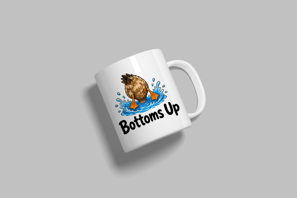 Bottoms Up funny mug, white 11oz ceramic novelty gift, angled side view