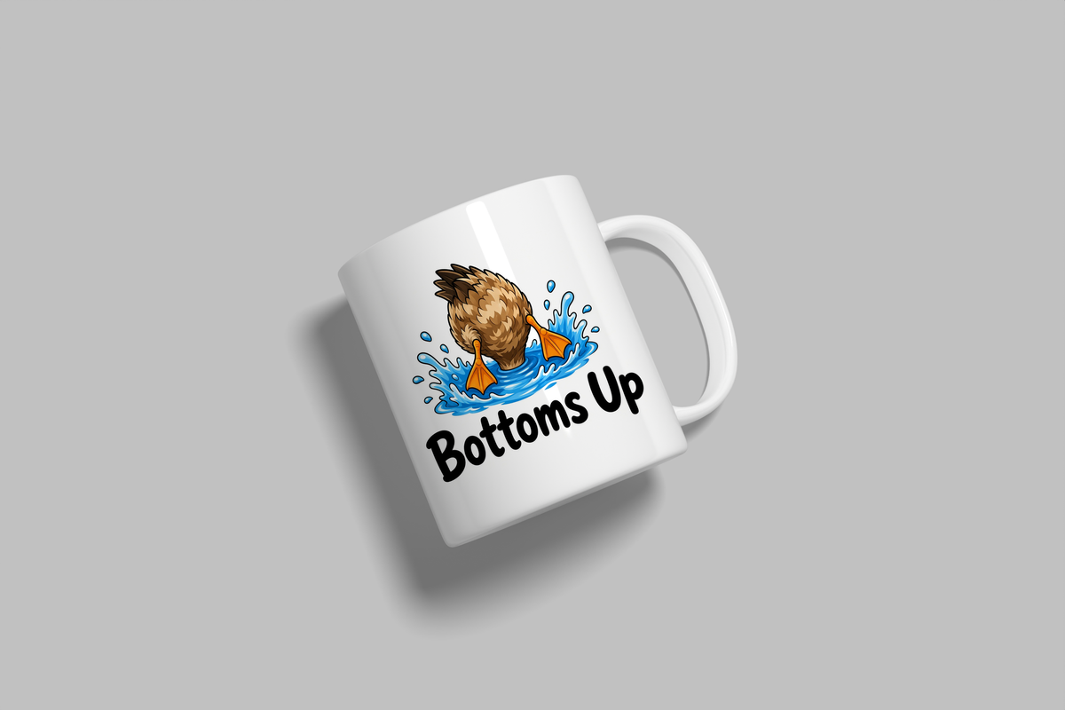 Bottoms Up funny mug, white 11oz ceramic novelty gift, angled side view