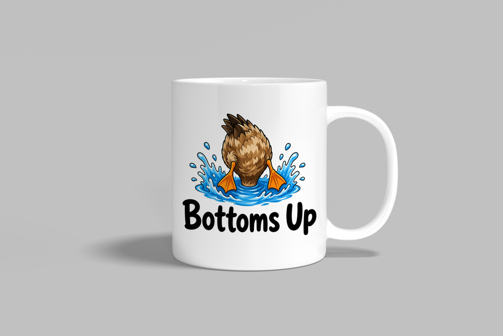 Bottoms Up funny mug, white 11oz ceramic novelty gift, front view