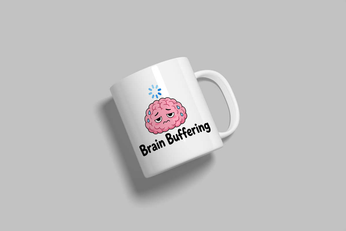 Brain Buffering funny mug, white 11oz ceramic novelty gift, angled side view