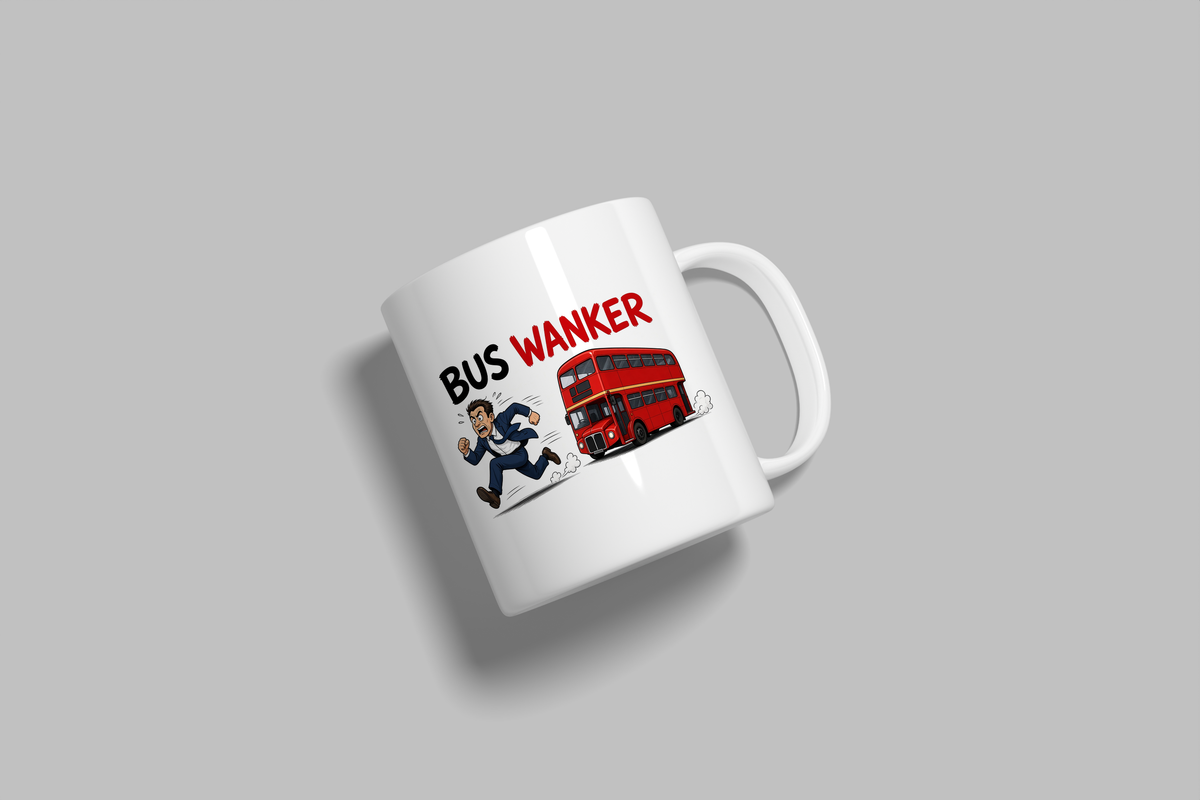 Bus Wanker funny mug, white 11oz ceramic novelty gift, angled side view