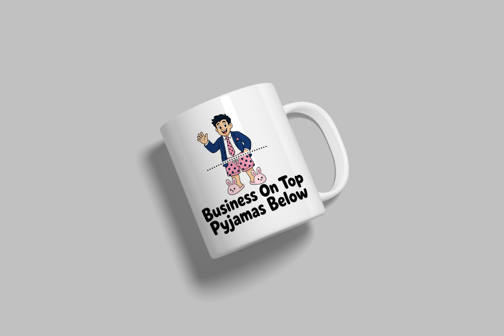 Business On Top Pyjamas Below funny mug, white 11oz ceramic novelty gift, angled side view