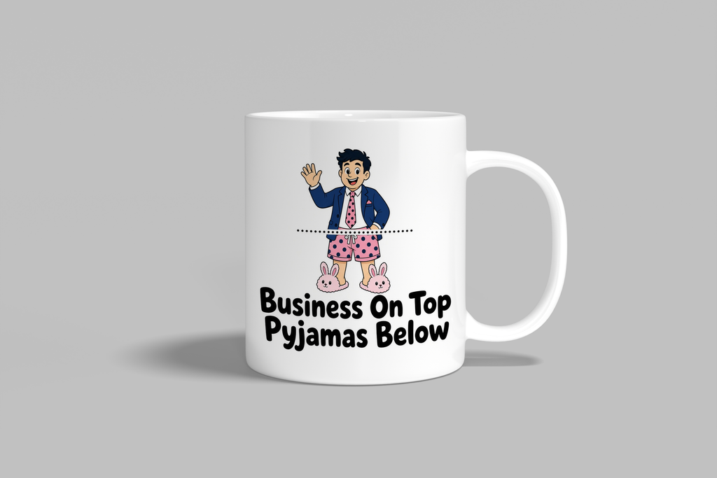 Business On Top Pyjamas Below funny mug, white 11oz ceramic novelty gift, front view