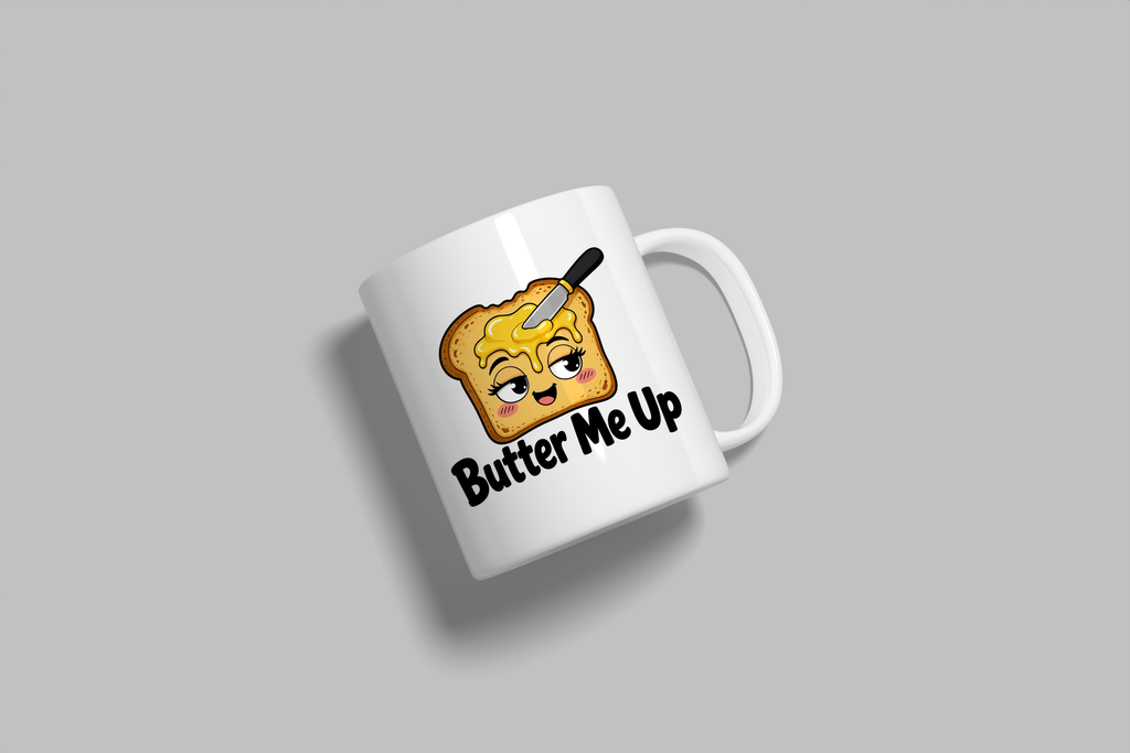 Butter Me Up funny mug, white 11oz ceramic novelty gift, angled side view