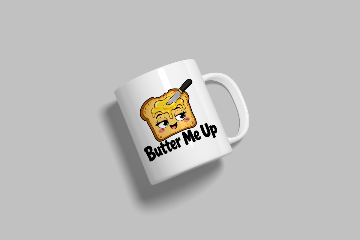 Butter Me Up funny mug, white 11oz ceramic novelty gift, angled side view