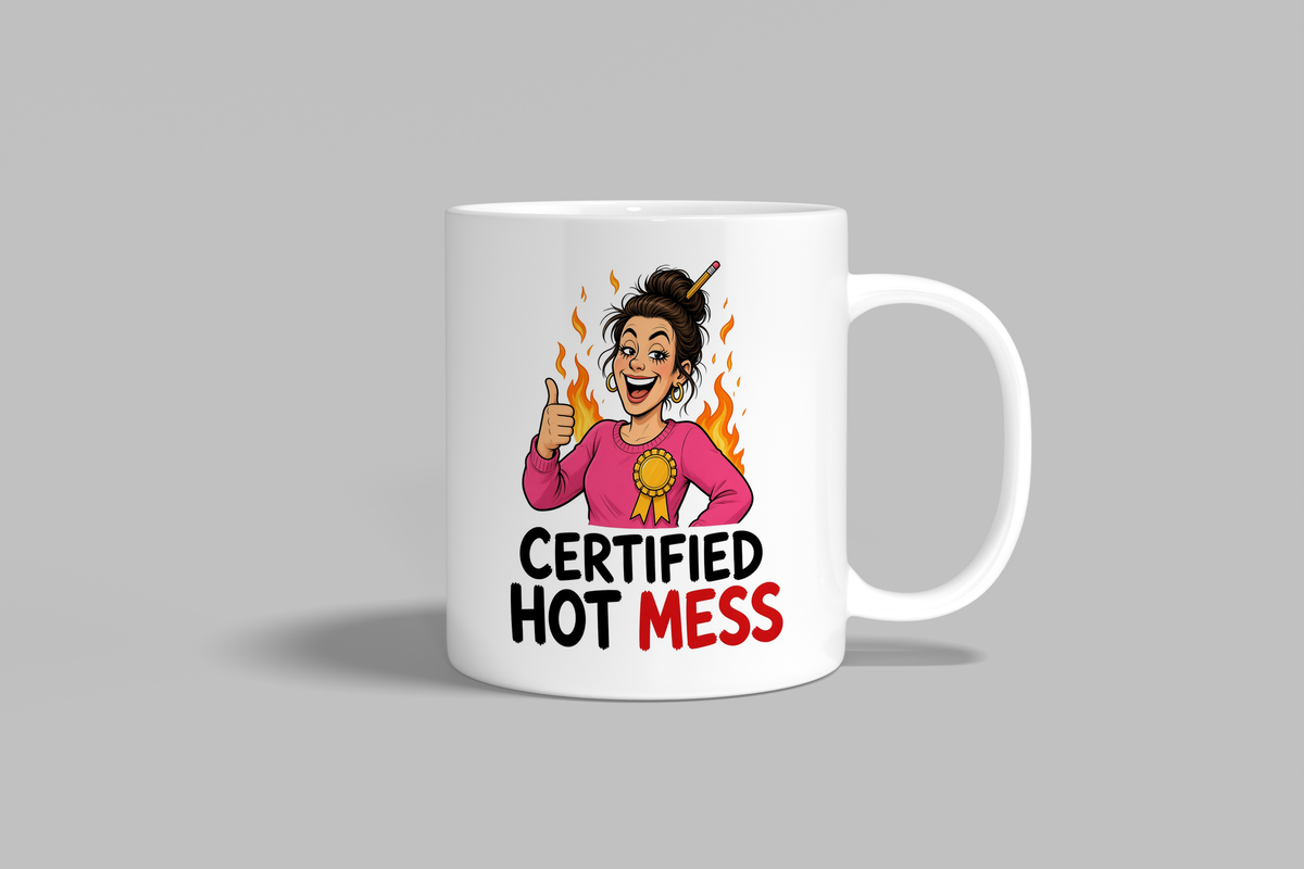 Certified Hot Mess funny mug, white 11oz ceramic novelty gift, front view