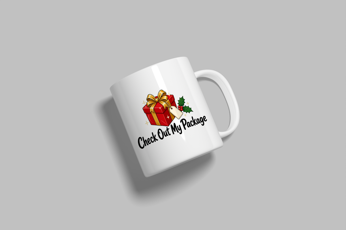 Check Out My Package funny mug, white 11oz ceramic novelty gift, angled side view