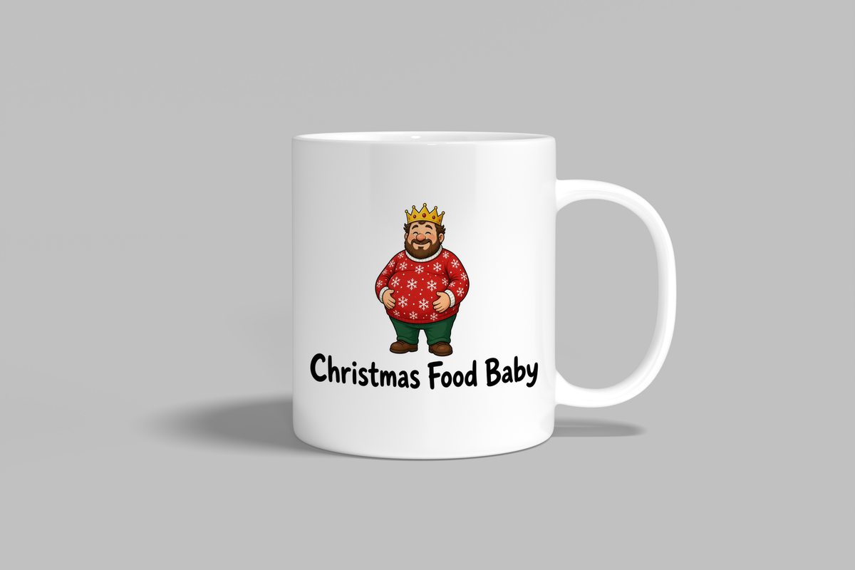 Christmas Food Baby funny mug, white 11oz ceramic novelty gift, front view