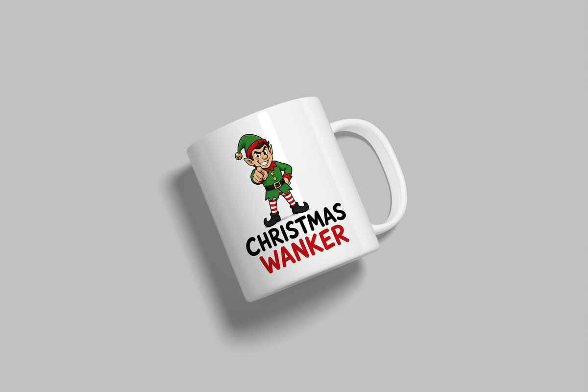 Christmas Wanker funny mug, white 11oz ceramic novelty gift, angled side view