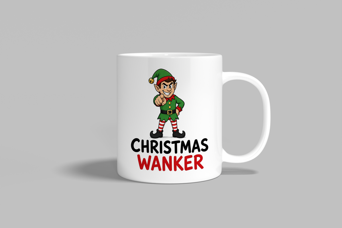 Christmas Wanker funny mug, white 11oz ceramic novelty gift, front view