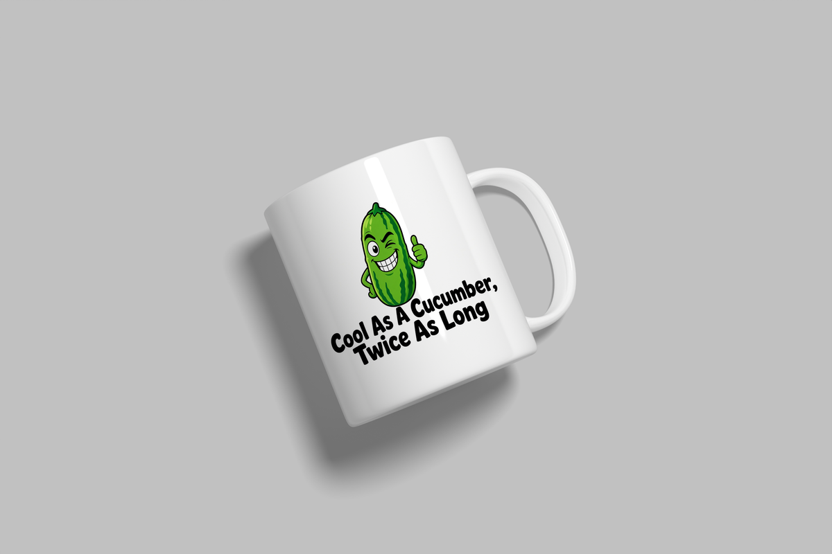 Cool As A Cucumber, Twice As Long funny mug, white 11oz ceramic novelty gift, angled side view