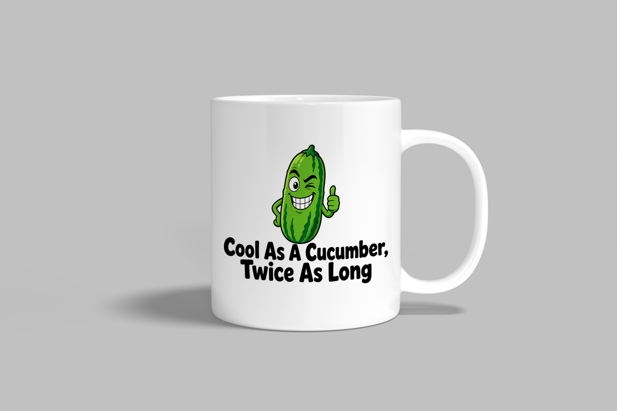 Cool As A Cucumber, Twice As Long funny mug, white 11oz ceramic novelty gift, front view