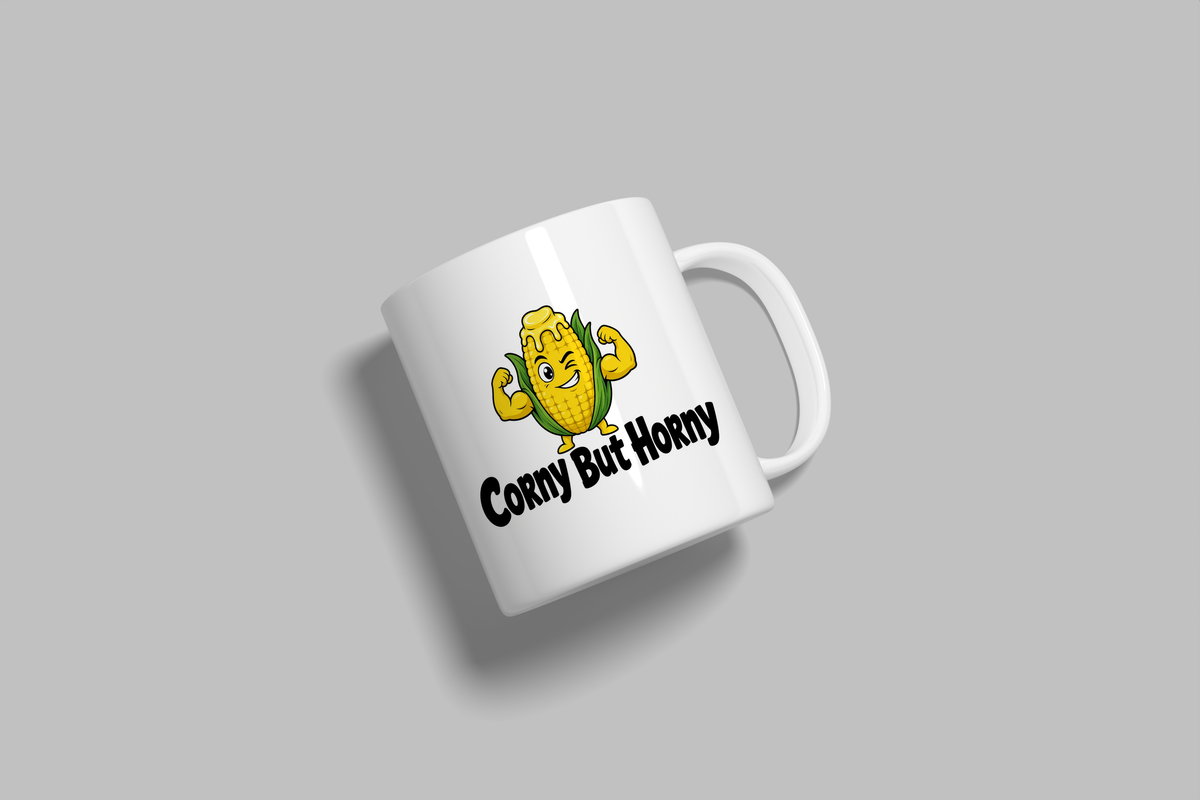 Corny But Horny funny mug, white 11oz ceramic novelty gift, angled side view