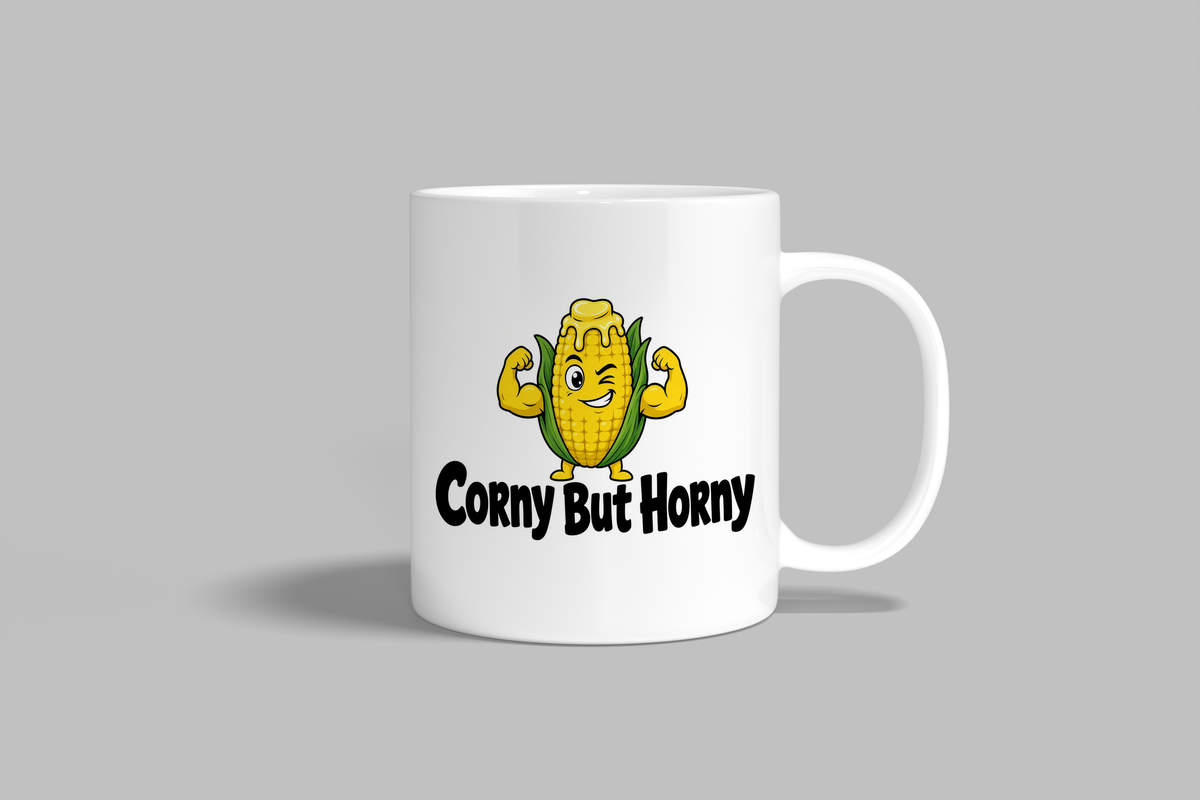 Corny But Horny funny mug, white 11oz ceramic novelty gift, front view