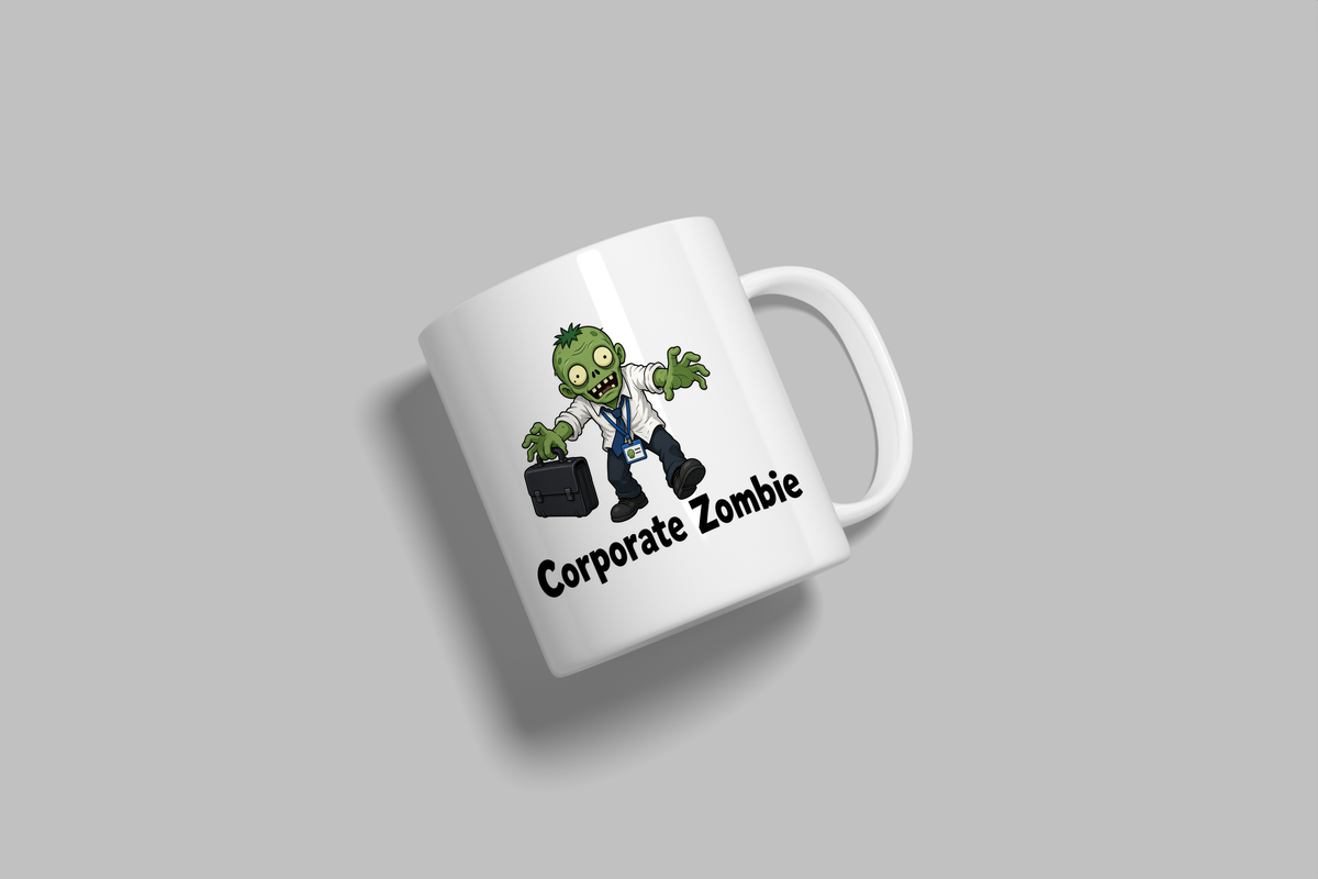 Corporate Zombie funny mug, white 11oz ceramic novelty gift, angled side view