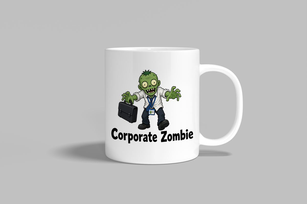 Corporate Zombie funny mug, white 11oz ceramic novelty gift, front view