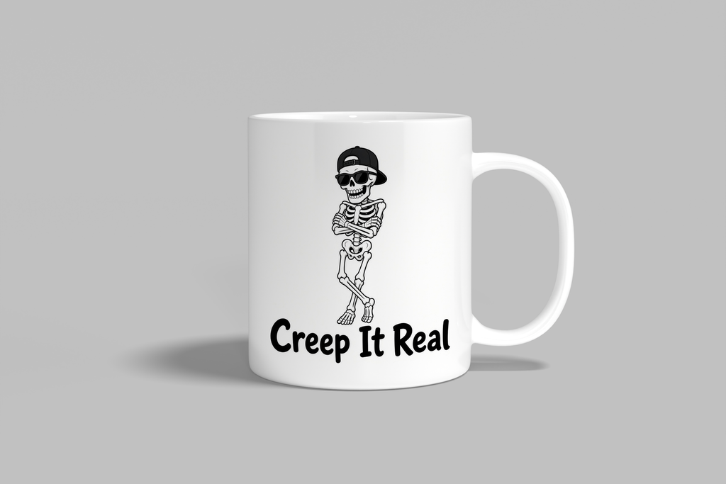 Creep It Real funny mug, white 11oz ceramic novelty gift, front view