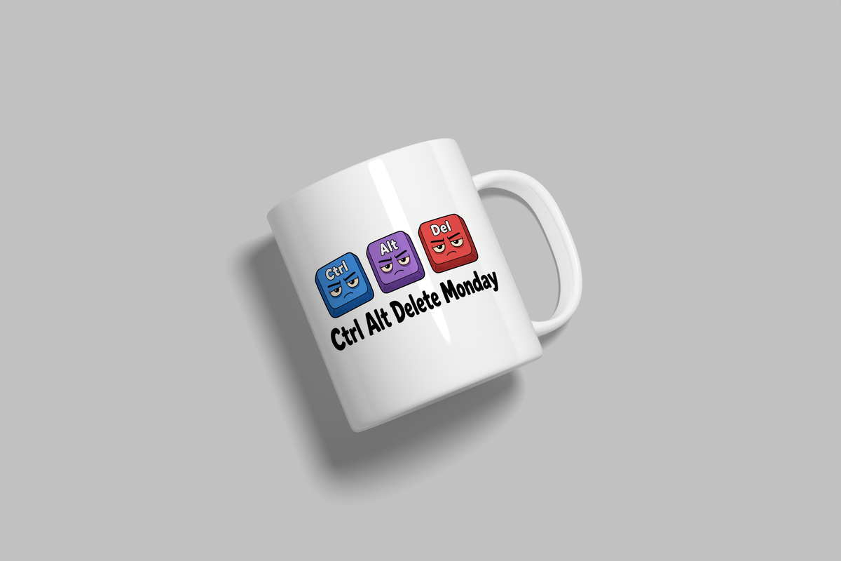 Ctrl Alt Delete Monday funny mug, white 11oz ceramic novelty gift, angled side view