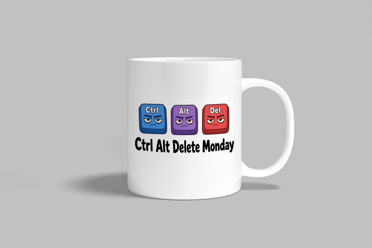 Ctrl Alt Delete Monday funny mug, white 11oz ceramic novelty gift, front view