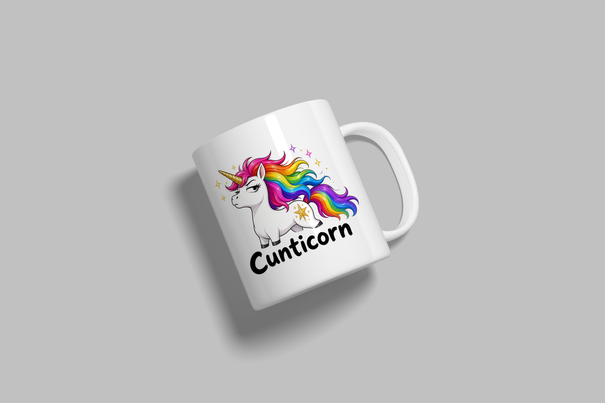 Cunticorn funny mug, white 11oz ceramic novelty gift, angled side view