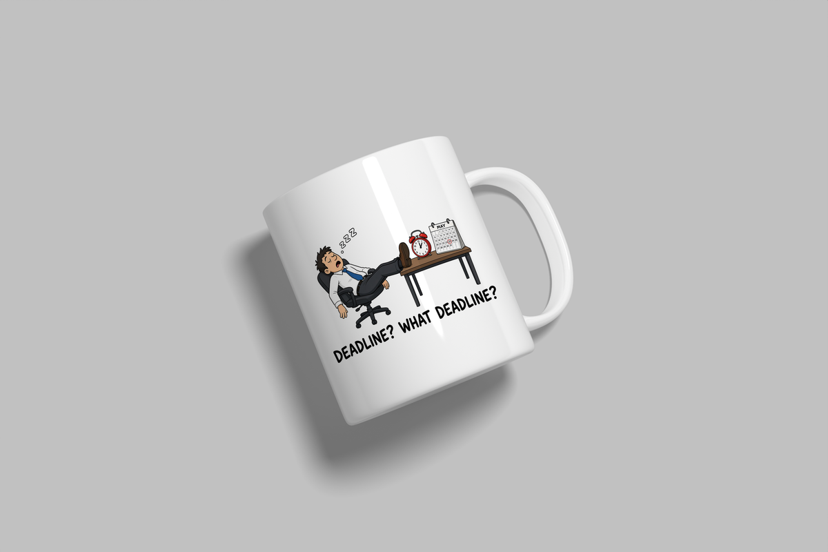 Deadline? What Deadline? funny mug, white 11oz ceramic novelty gift, angled side view