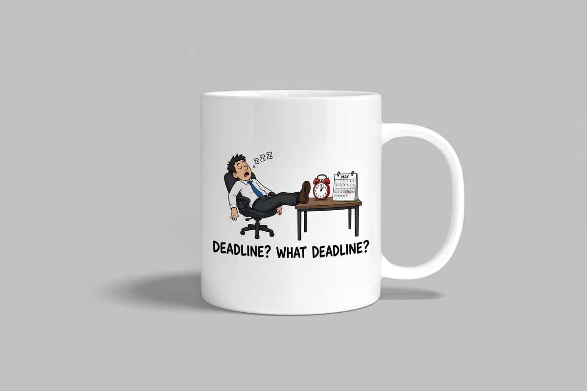Deadline? What Deadline? funny mug, white 11oz ceramic novelty gift, front view