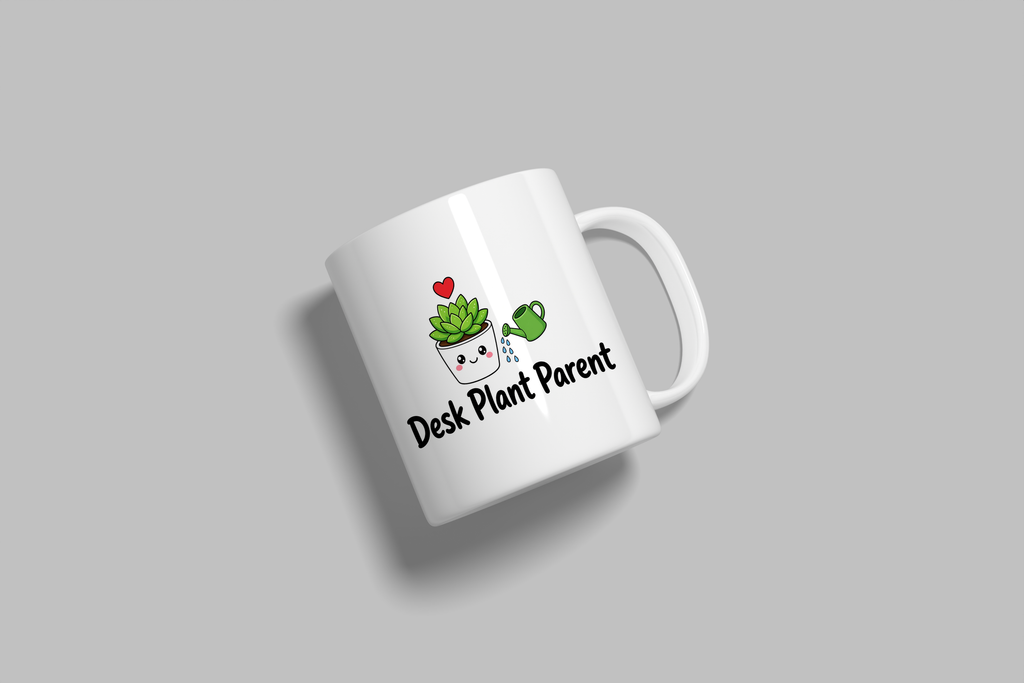 Desk Plant Parent funny mug, white 11oz ceramic novelty gift, angled side view