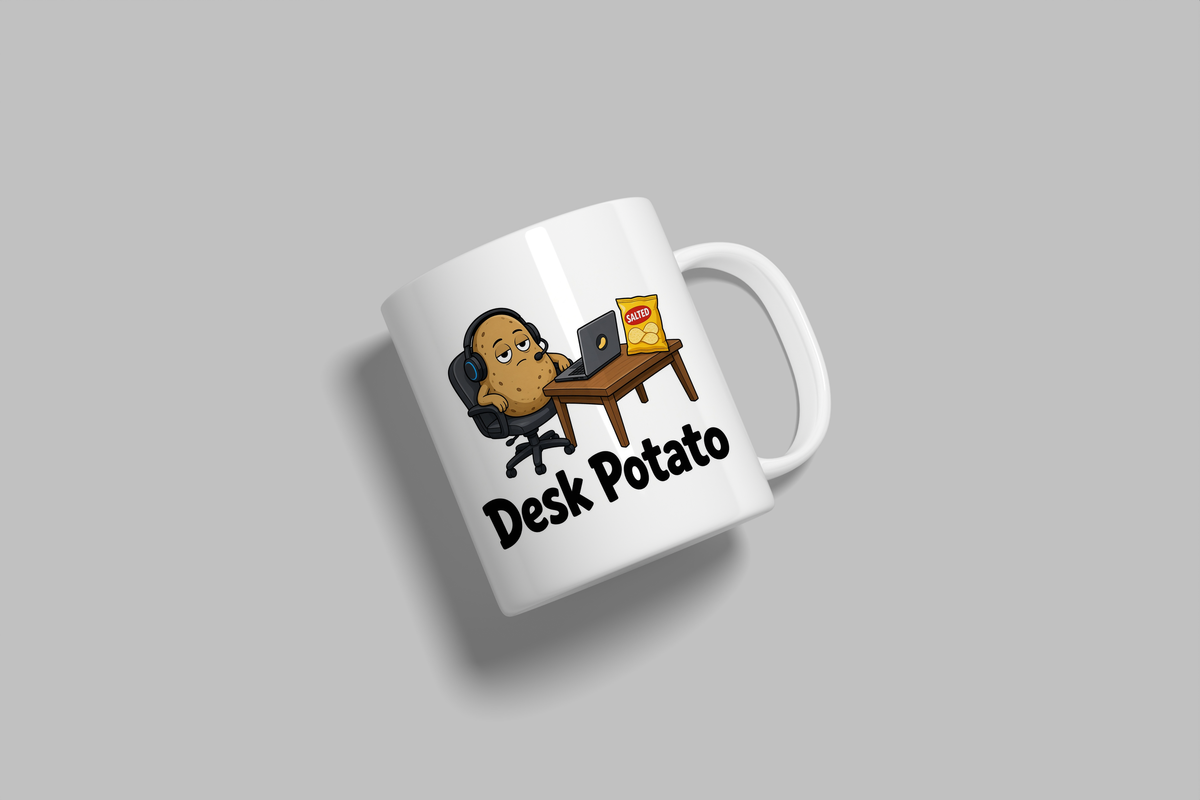 Desk Potato funny mug, white 11oz ceramic novelty gift, angled side view